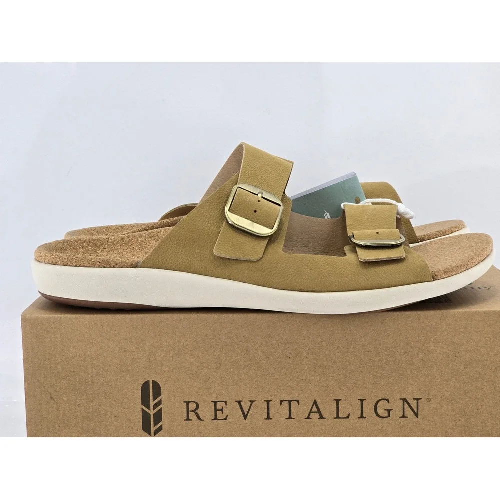 Revitalign Paxton Slide Sandals Mens 13EE Tan Leather Buckle -New